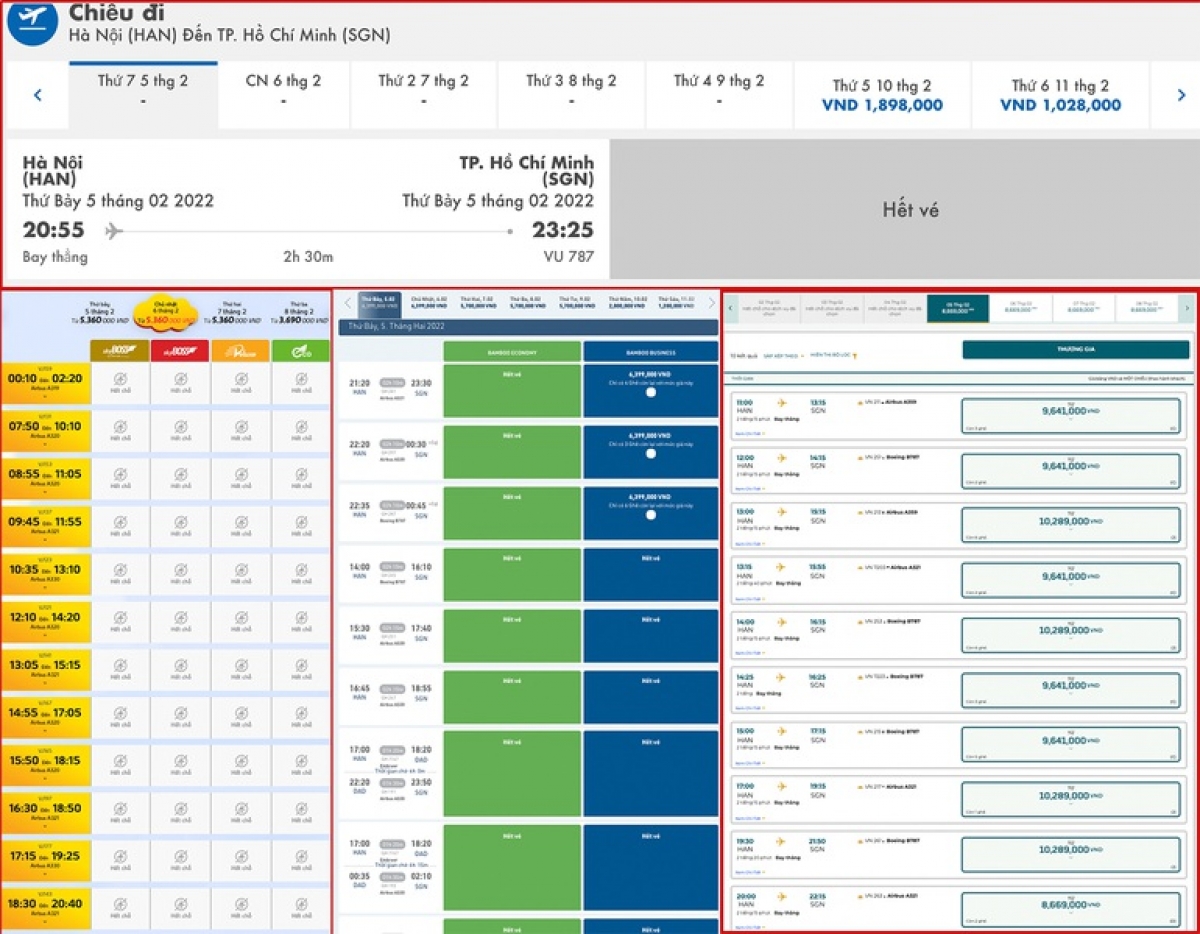 Bảng giá vé máy bay chặng Hà Nội - TP.HCM của các hãng hàng không từ ngày 5 - 8/2
(Ảnh chụp màn hình).